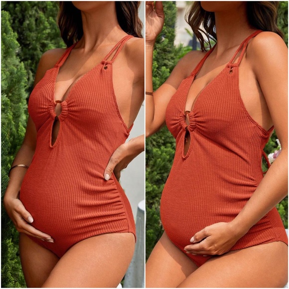 Maternity Ribbed Criss Cross Lace up Monokini One Piece Swim - Picture 4 of 4
